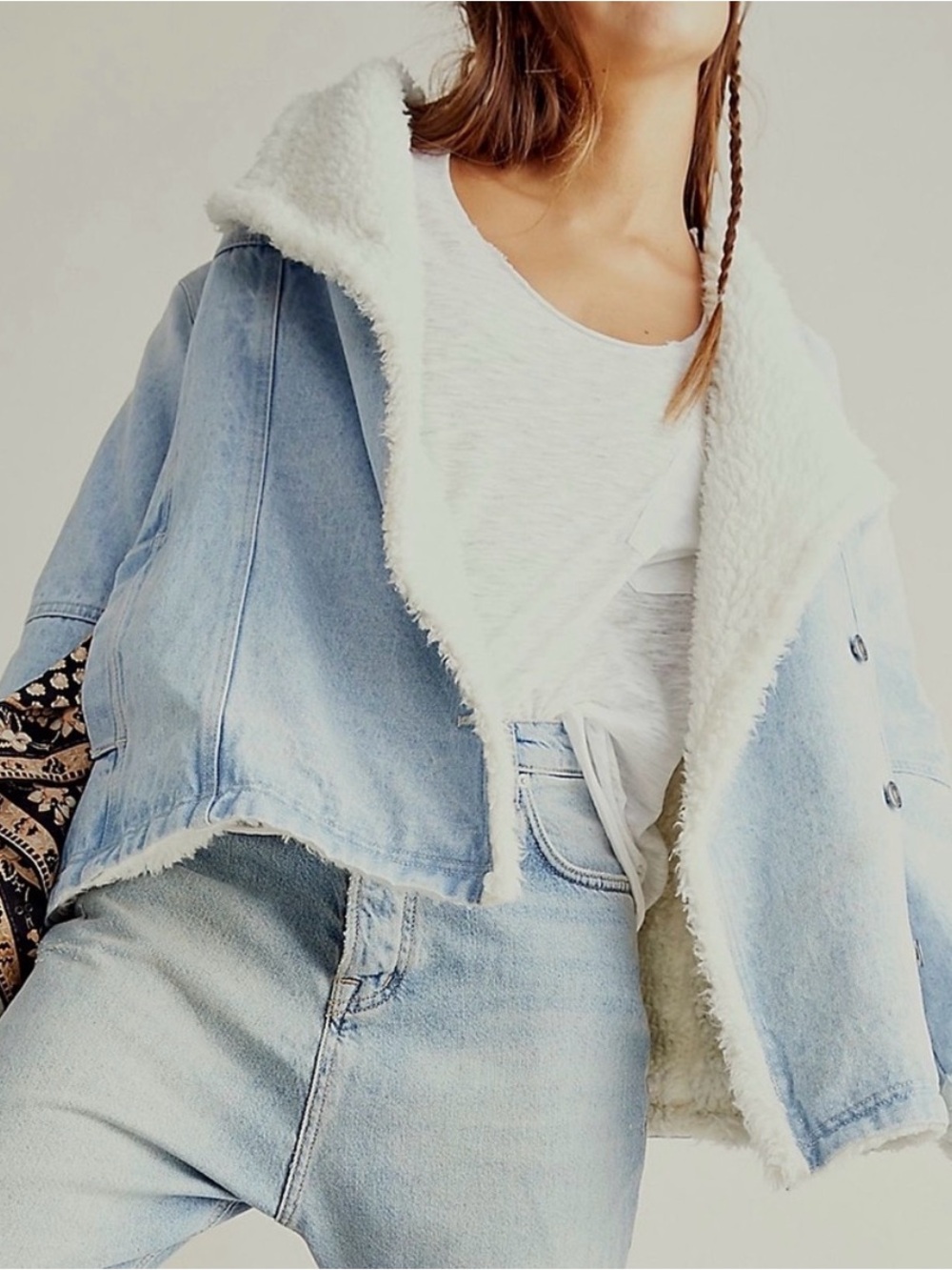 Free People We The Free Twisted Heart Cozy Denim Jacket Size Small Sherpa Lined